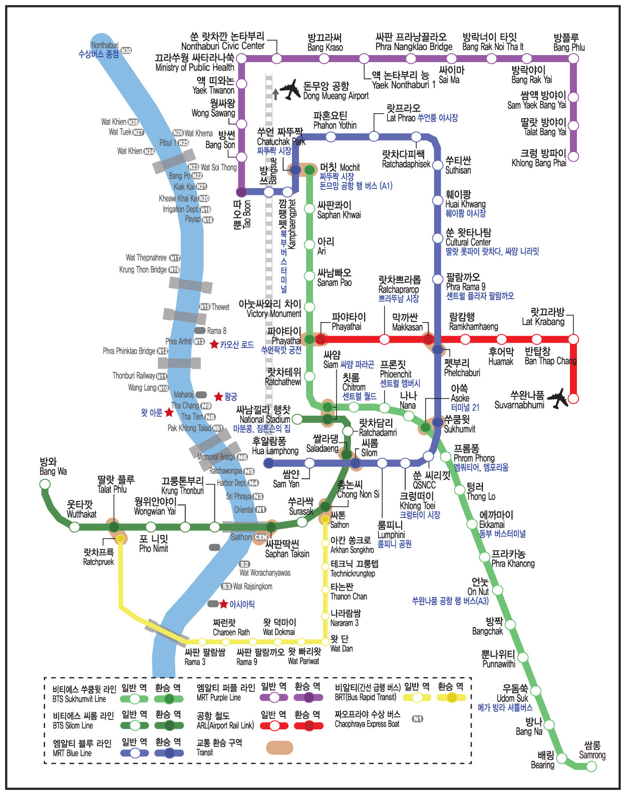 태국의 수도 방콕의 지하철과 지상철이 그려진 노선도이며 한글로 작성되어있다.