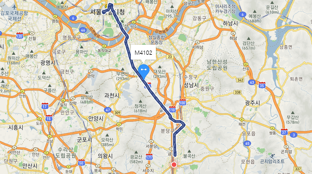  [광역급행] M4102 버스 노선 시간표 : 분당 미금역, 정자역, 서현역, 종로, 명동, 을지로