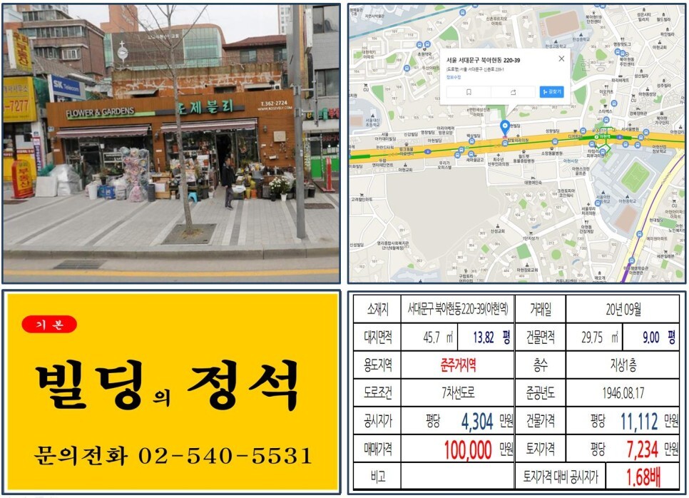  [서대문구 아현뉴타운 10억 꼬마빌딩 실거래가 조회] 북아현동 220-39 (아현역) 10억 원, 평당 7,234만 원 매매되었습니다. 마포래미