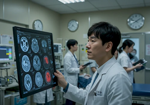 응급실 의사가 CT 뇌 스캔을 보며 중풍(뇌졸중)을 진단하는 긴박한 모습.
