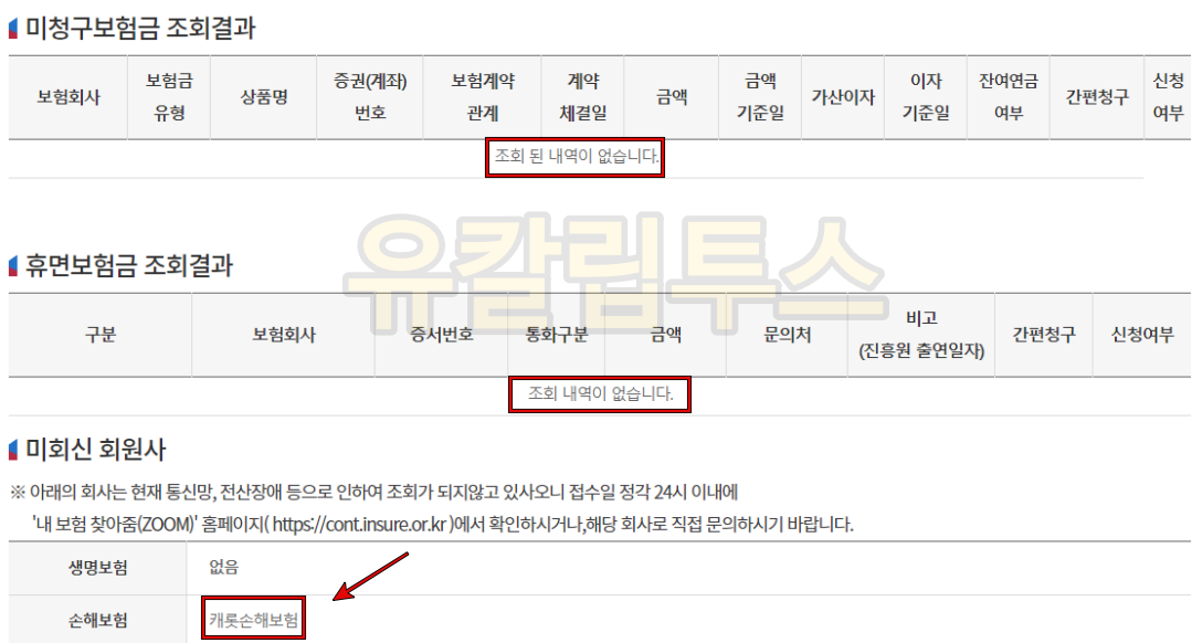 숨은 보험금 조회결과