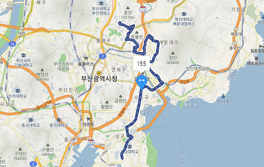  [부산, 일반] 155번버스 노선, 시간표, 요금 :  서동역, 센텀역, 벡스코, 광안역, 경성대, 부경대, 용당동