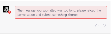 챗GPT 유료버전 오류메시지 - The message you submitted was too long&#44; please reload the conversation and submit something shorter. 입력하신 메시지가 너무 깁니다&#44; 페이지를 새로고침한 후 메시지를 조금 짧게 작성해 주세요.