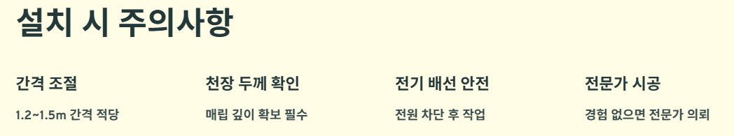설치 시 주의사항- 간격 조절, 천장 두께 확인, 전기 배선 안전, 전문가 시공