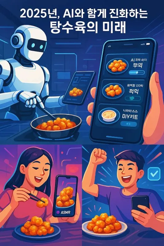 AI 셰프가 탕수육 부먹과 찍먹 데이터를 분석하고 있는 미래적인 이미지
