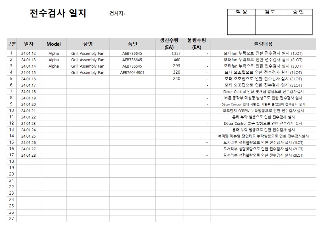 전수검사 일지 양식