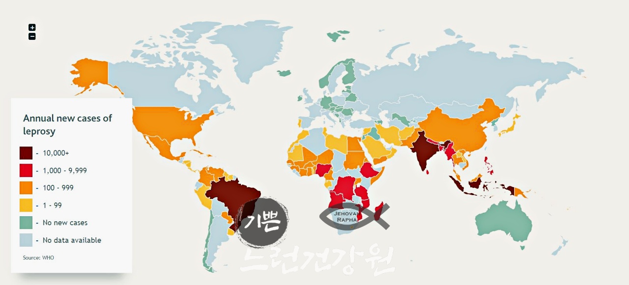 WHO에서 발표한 신규 한센병 전염 인원 지도