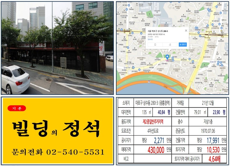 [마포구 토정로 40억 꼬마빌딩 실거래가 조회] 상수동 280-3 (광흥창역) 43억 원, 평당 1억 530만 원 매매되었습니다.