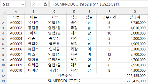 SUMPRODUCT함수