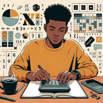 컴퓨터와 계산기를 사용하여 일을 하고 있는 여성.