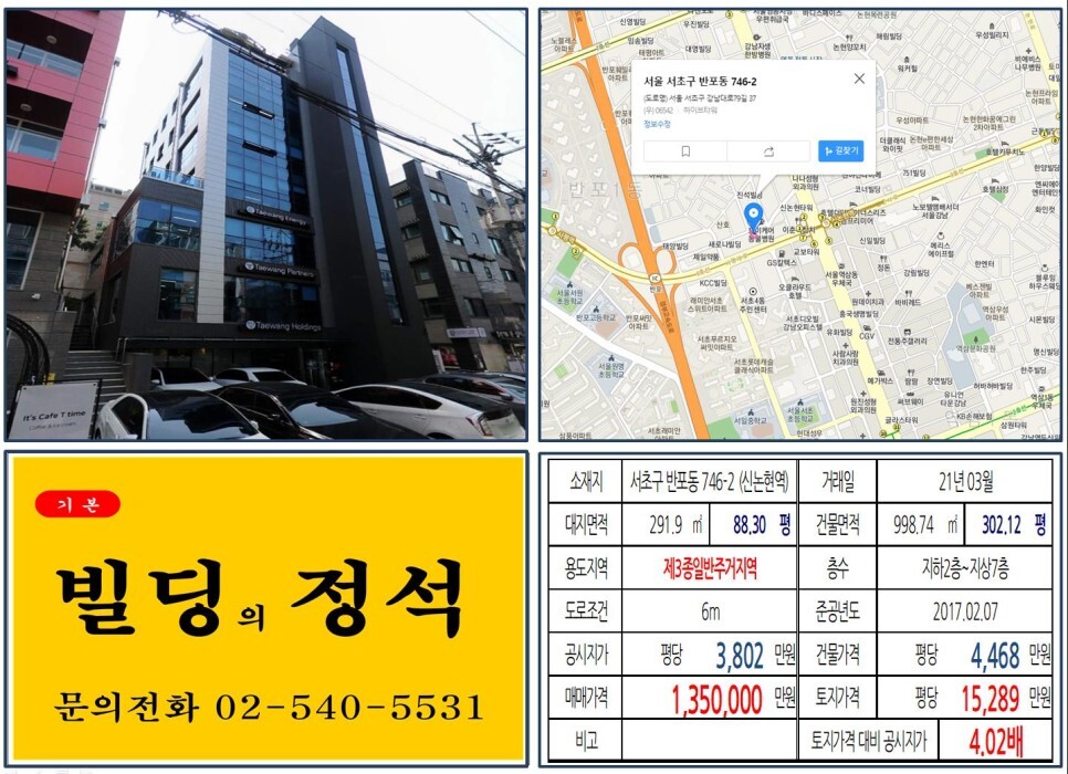  [강남구 강남대로 신축 올근생 100억 꼬마빌딩 실거래가 조회] 반포동 746-2 (신논현역) 135억 원, 평당 1억 5,289만 원 매매되었습니다. 경부고속도로 지하화
