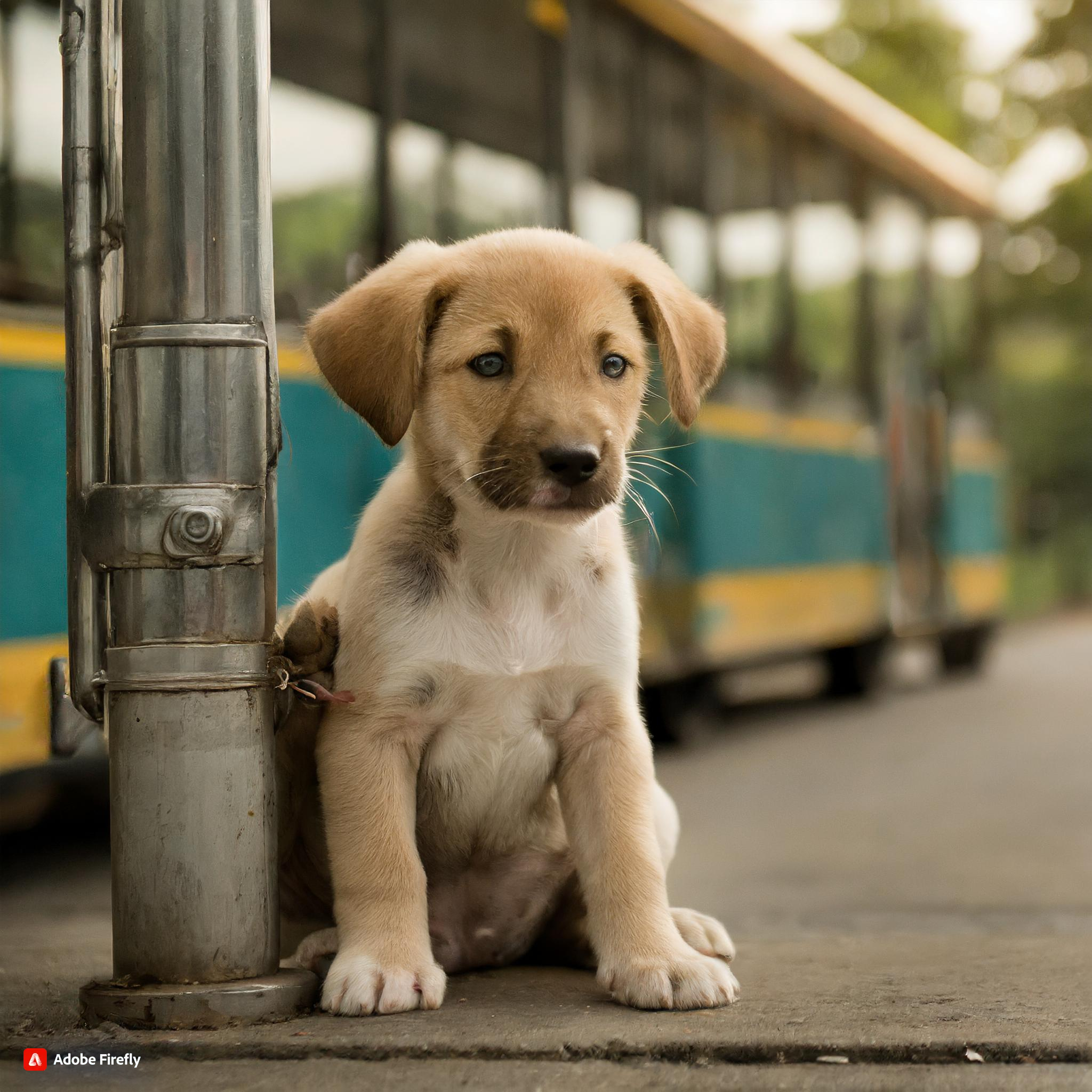 버스를 기다리고 있는 강아지 사진