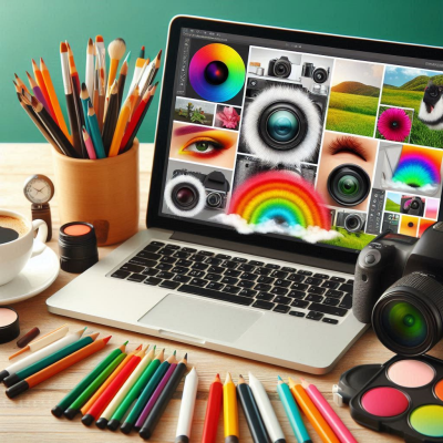 색상이 풍부한 그림과 다양한 색연필을 사용하여 작업하는 모습