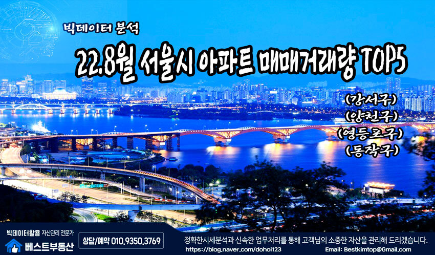  22.8월 서울시(강서/양천/영등포/동작) 아파트 매매거래 순위 분석 !!!