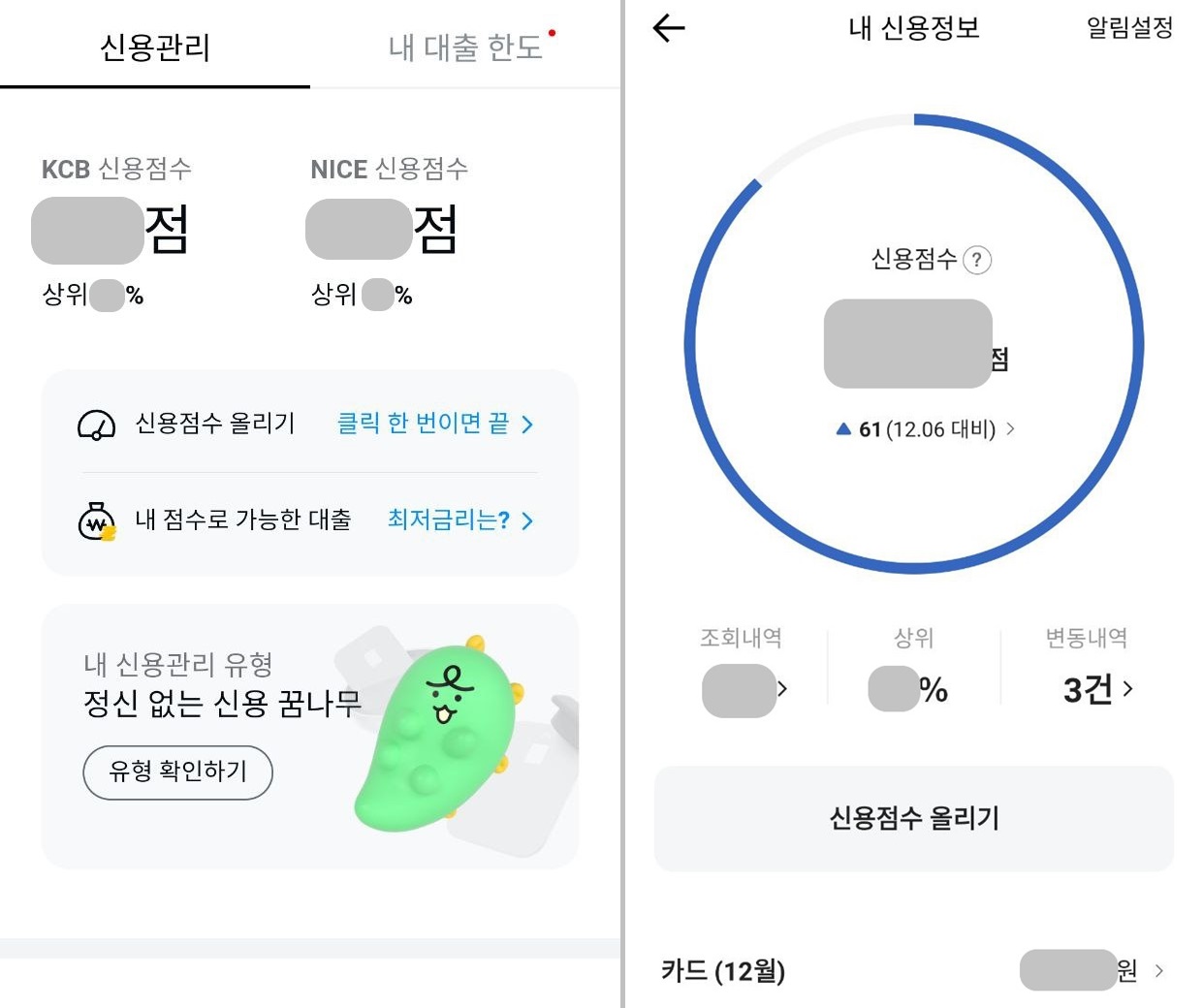 카카오페이 및 카카오뱅크 신용점수 조회 화면