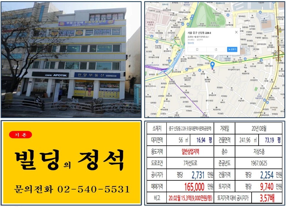  [중구 동대문디지털플라자 대로변 10억 꼬마빌딩 실거래가 조회] 신당동 228-3(동대문역사문화공원역) 16.5억 원, 평당 9,740만 원 매매되었습니다. 커피숍 꼬마빌딩