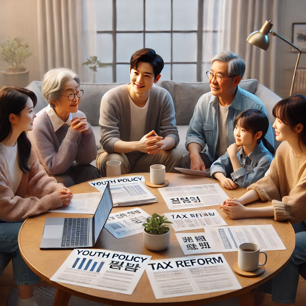 세대가 함께 둘러앉아 대선을 이야기하는 따뜻한 가족의 모습
