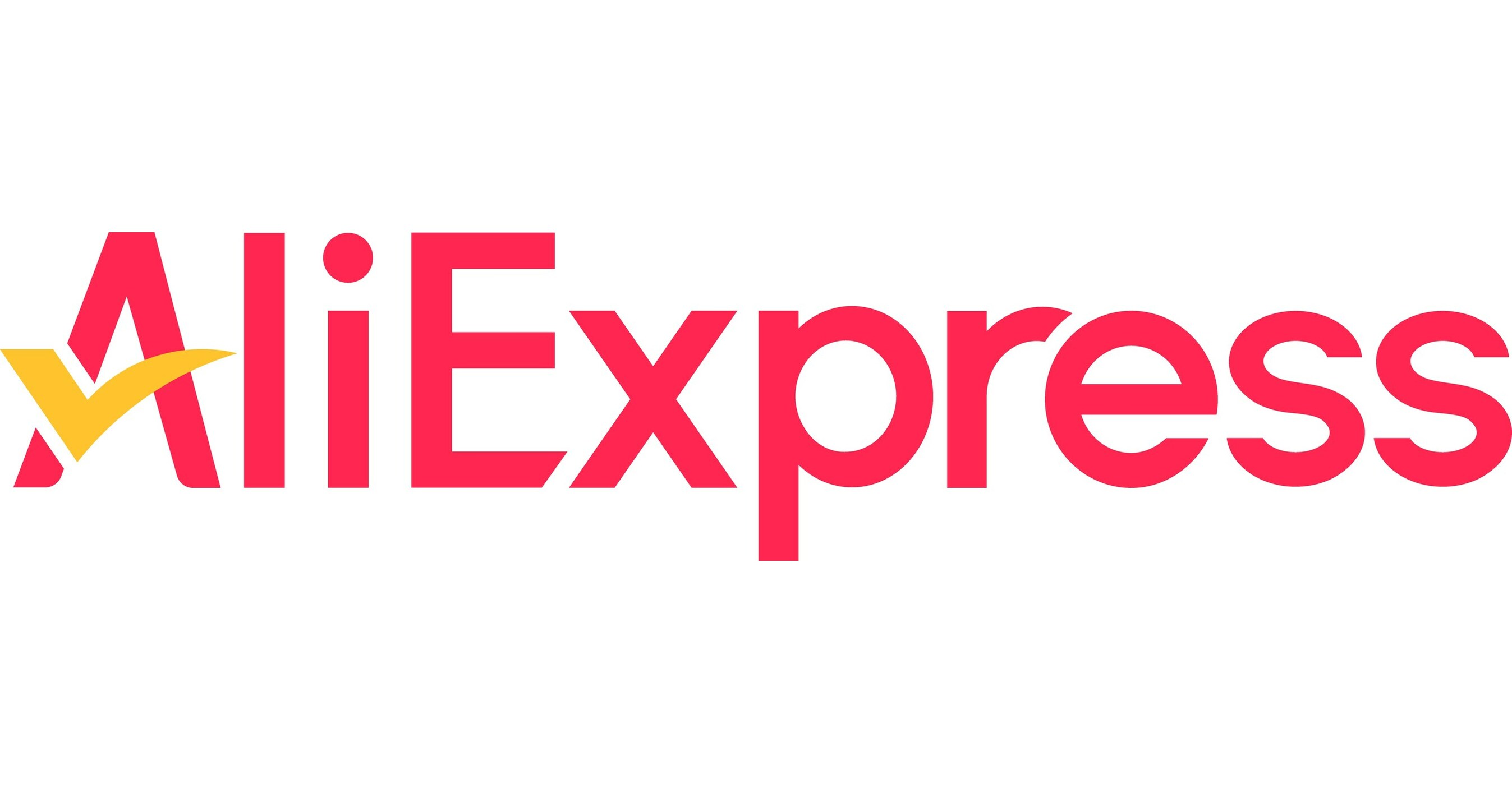AliExpress의 로고입니다. AliExpress는 다양한 제품을 전 세계 소비자에게 제공하는 중국의 글로벌 온라인 쇼핑 플랫폼입니다. 로고는 깔끔하고 단순한 디자인으로, 브랜드명을 강조하는 빨간색 글자와 노란색 체크 마크가 특징입니다.