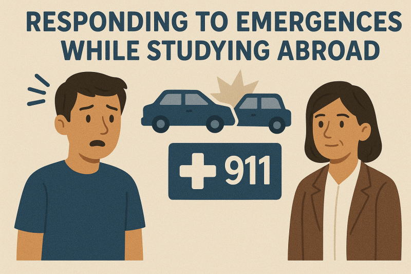 An illustrated emergency response guide showing an international student calling 911 during an accident while studying abroad.