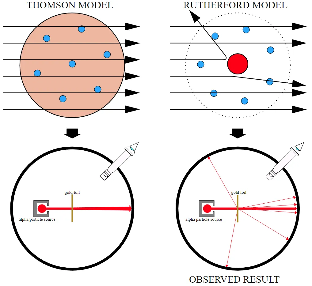 톰슨 모델과 러더퍼드 모델에서 알파 입자 산란 실험의 예측과 실제