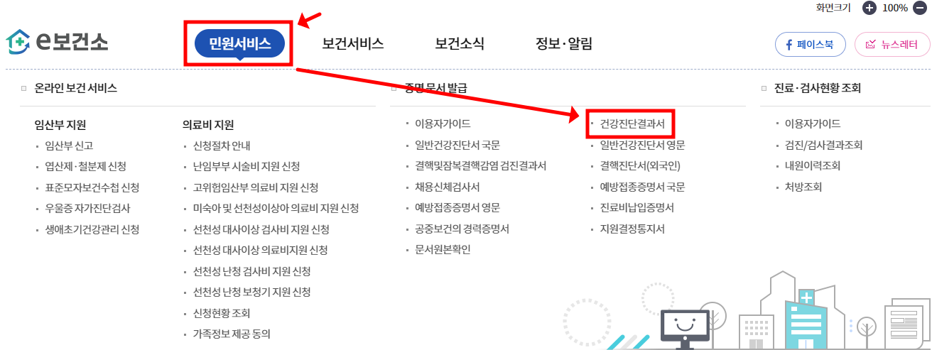 E 보건소 홈페이지 상단 메뉴의 민원서비스 클릭을 합니다.
증명문서 발급카테고리에 건강진단결과서를 클릭합니다.
