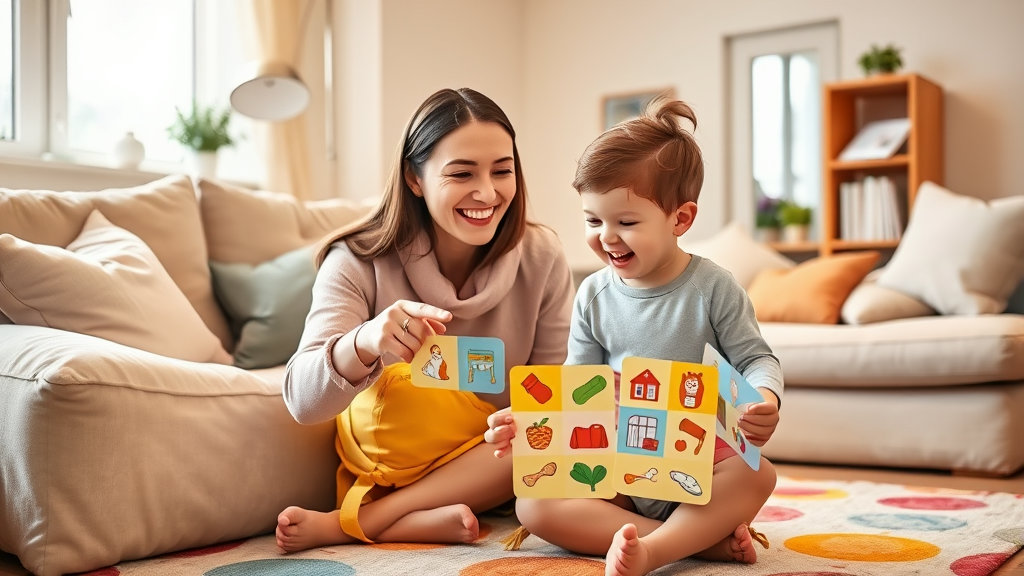 A mother and child happily playing an English word game with picture cards of household items like sofa, book, and window in a bright and cozy living room background. Warm and happy family atmosphere, emphasizing an educational feel.
