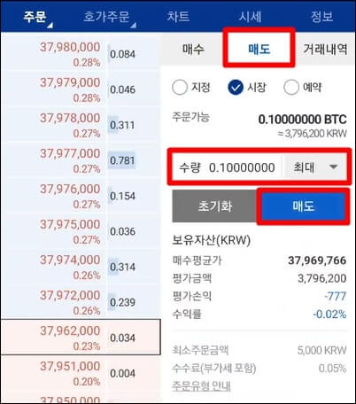 매도탭에서 비트코인 0.1개를 매도하는 사진