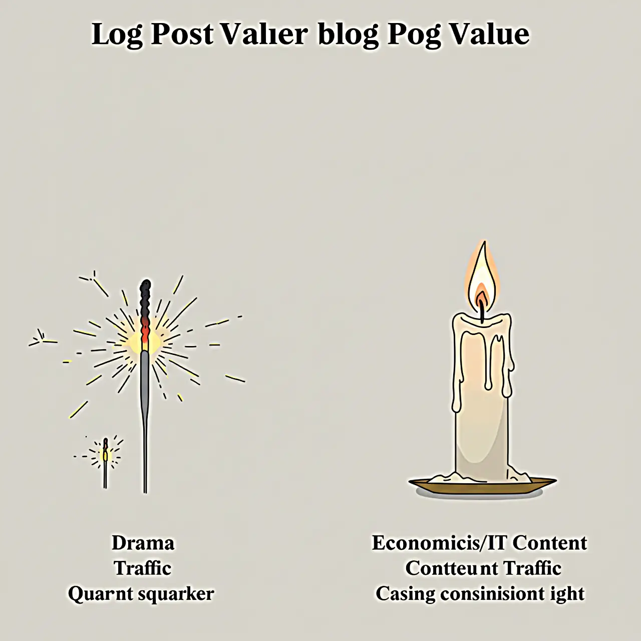 Visual metaphor comparing a short-lived sparkler labeled 'Drama Review Traffic' to a steady, bright candle labeled 'Economics/IT Content Traffic