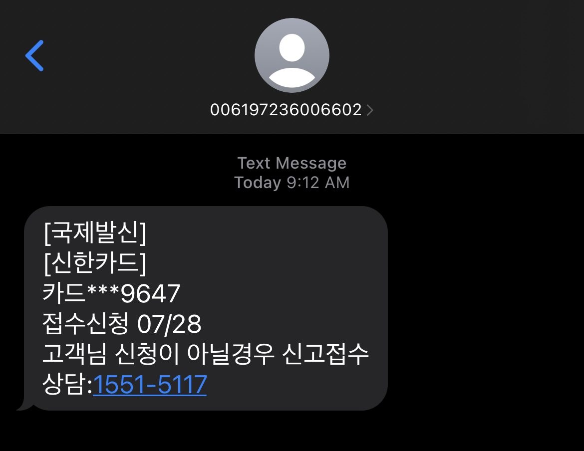  (스미싱, 스팸, 피싱) [국제발신] (신한카드) 고객님 카드****-9999 접수신청 고객님 신청 아닐경우 신고접수 상담:1551-5117