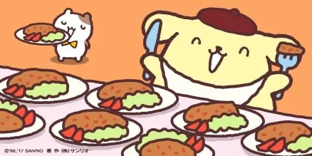 폼폼푸린이-식탁에-여러-개의-돈까스-접시를-두고-포크와-나이프를-들고-기뻐하는-모습-옆에는-작은-친구도-돈까스를-들고-있음
