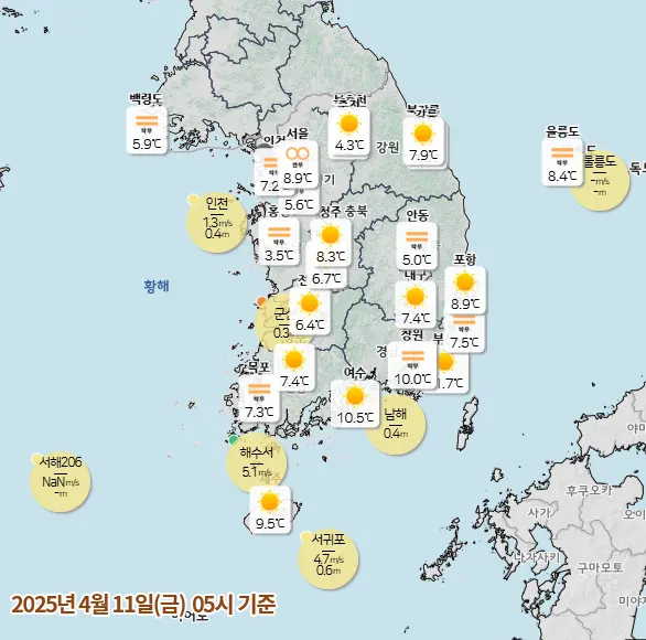 날씨 2025년 4월 11일 금요일 05시 기상청 발표