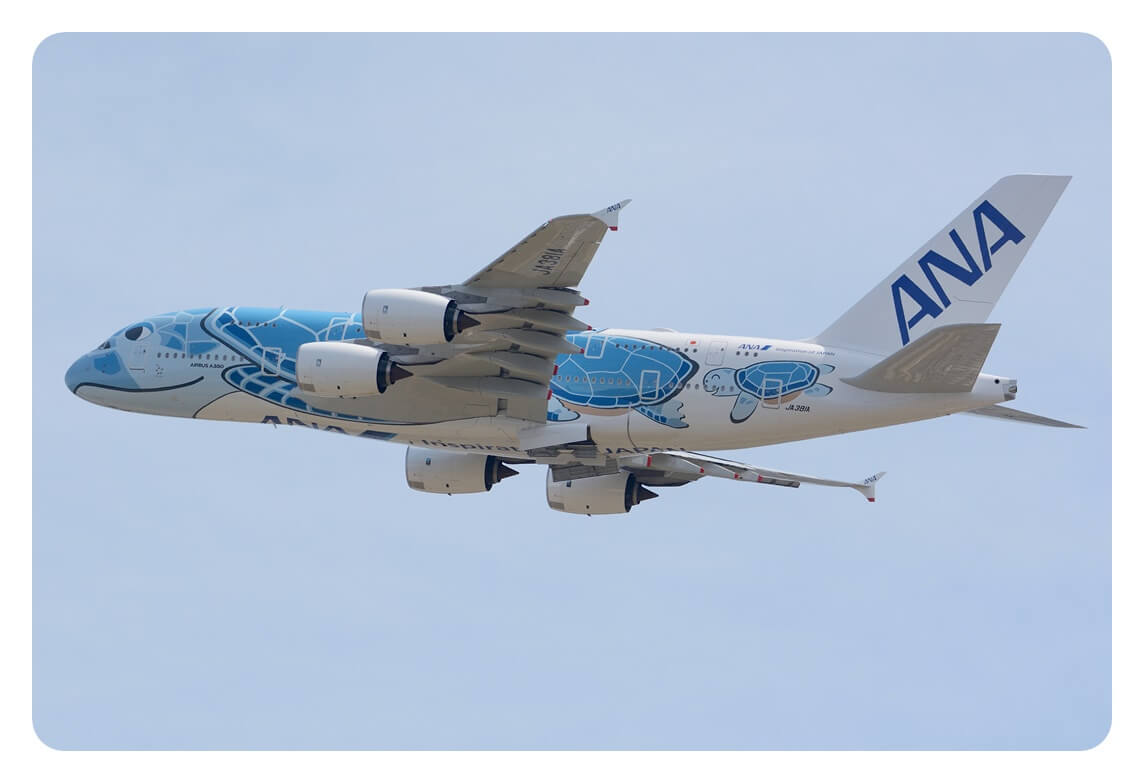 전일본공수 ANA의 A380-800 여객기가 비행을 하고 있는 모습을 찍은 사진