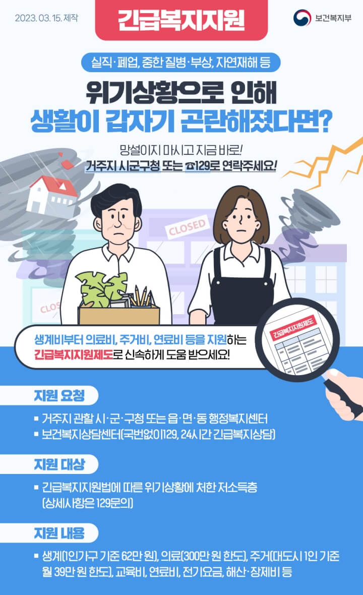 갑자기 어려운 사정에 처하였다면 긴급복지지원제도의 도움을 받으십시오.