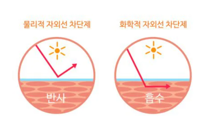 물리적 자외선 차단과 화학적 자외선 차단 원리의 도식적 표현