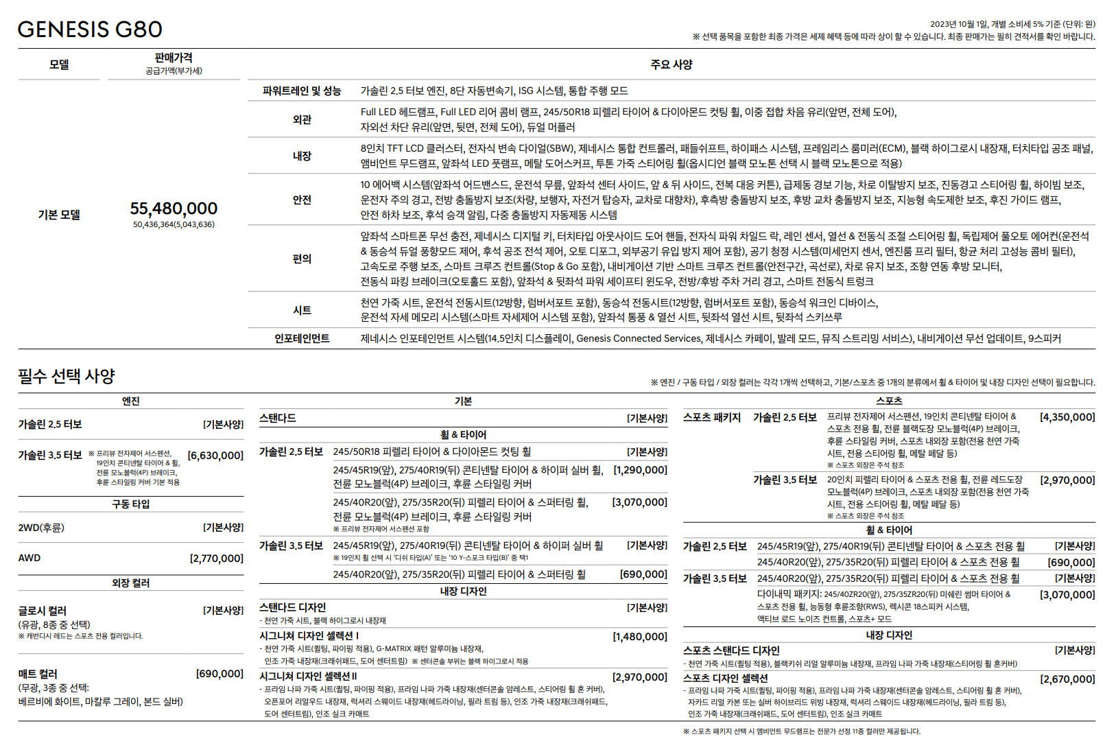 제네시스 G80 가격표