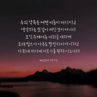베드로후서 3장 9절 묵상 - 주의 약속은 어떤 이들이 더디다고 생각하는 것 같이 더딘 것이 아니라_27