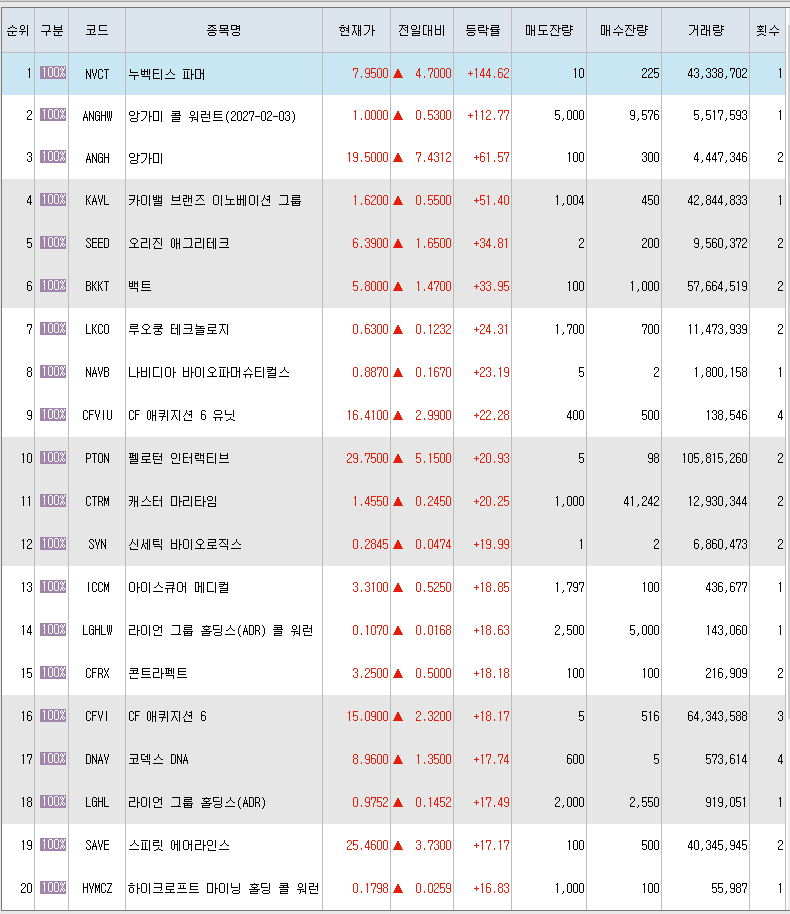  2월7일 미국주식 상승률 상위 종목 TOP 300