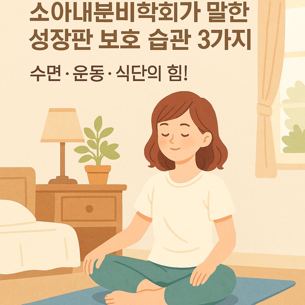성장판 보호 습관을 실천하는 아이를 부드럽고 따뜻하게 표현한 일러스트 이미지. 수면, 운동, 식단의 균형 있는 생활을 상징함