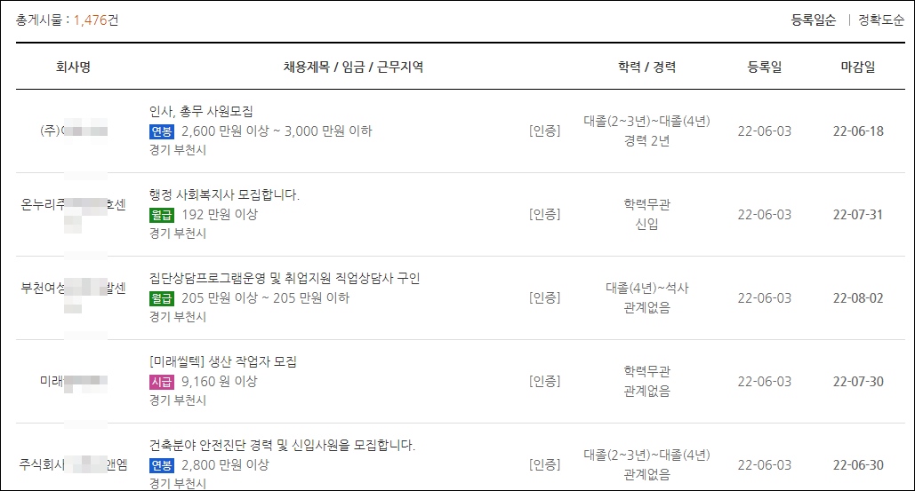 부천 고용센터 고용복지보험센터 일자리 구인구직 채용공고 취업정보