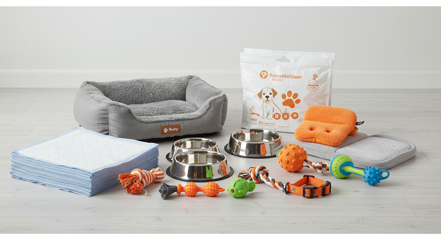 essential puppy supplies neatly arranged - dog bed, food bowls, toys, pee pads, and collar, bright clean setting