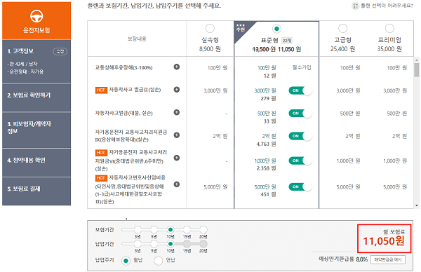 DB손해보험 다이렉트 운전자 보험 가격 확인