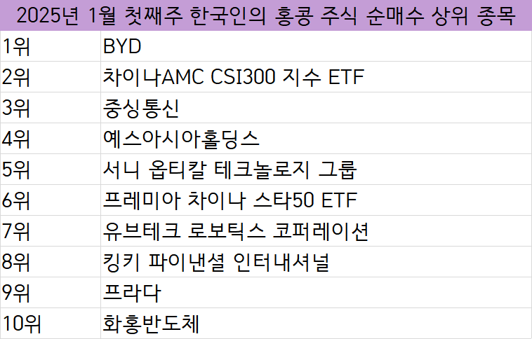 2025년 1월 첫째주 한국인의 홍콩 주식 순매수 상위 종목