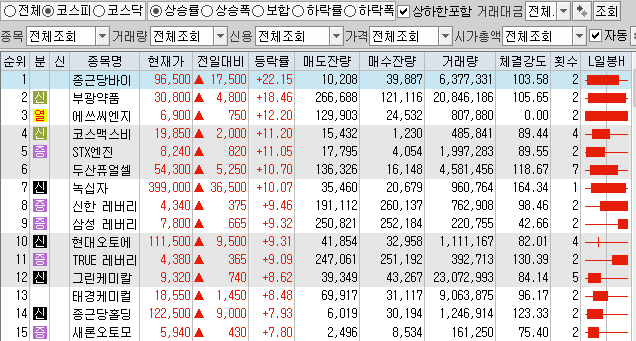  12월14일 코스피 코스닥 상한가 포함 상승률 상위 종목 TOP 100