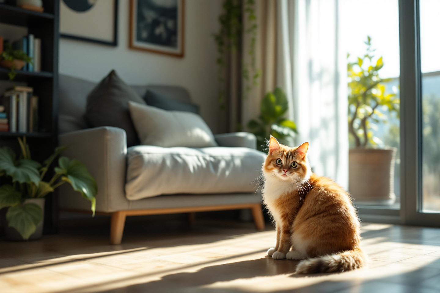 A modern, cozy apartment interior with a happy cat lounging on a comfortable sofa