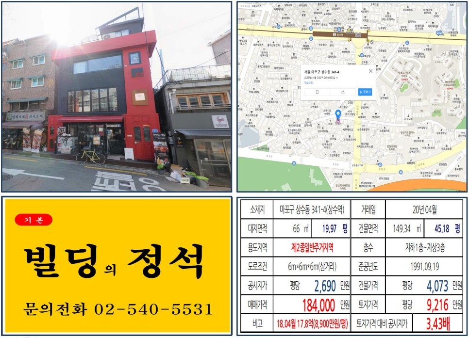  [마포구 당인리발전소 10억 꼬마빌딩 실거래가 조회] 상수동 341-4 (상수역) 18.4억 원, 평당 9,216만 원 매매되었습니다. 상수동