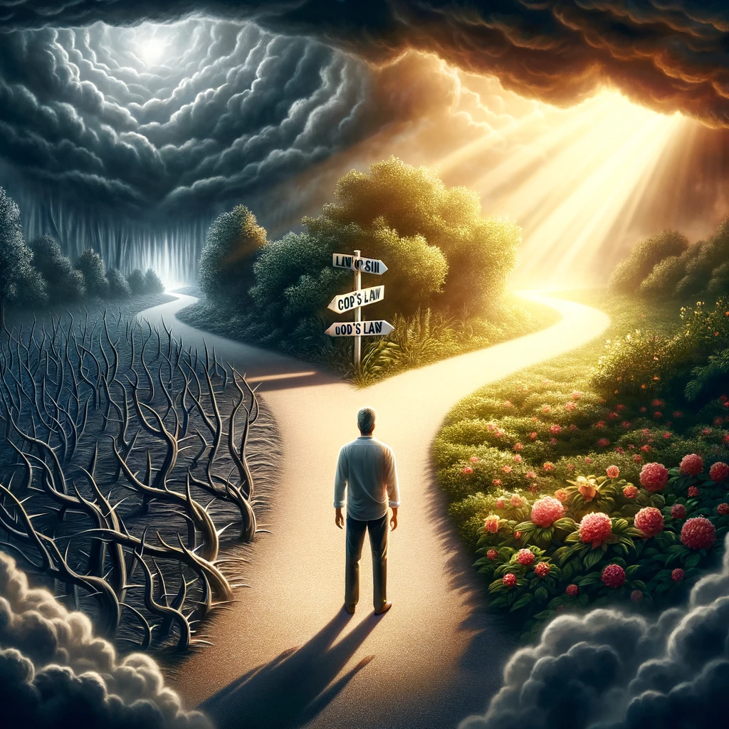 Where a person is choosing between the path of sin and the path of God&amp;#39;s law. This image captures the moment of decision in a symbolic and dramatic setting. 