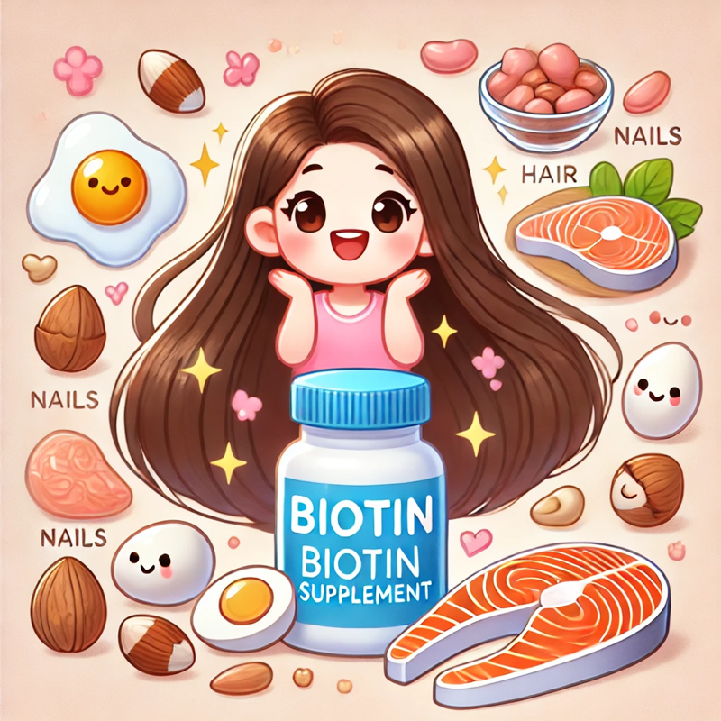 귀여운비오틴 일러스트-반짝이는머리카락-튼튼한손톱-건강한피부-비오틴 음식-영양제캐릭터-파스텔톤-맛있는음식