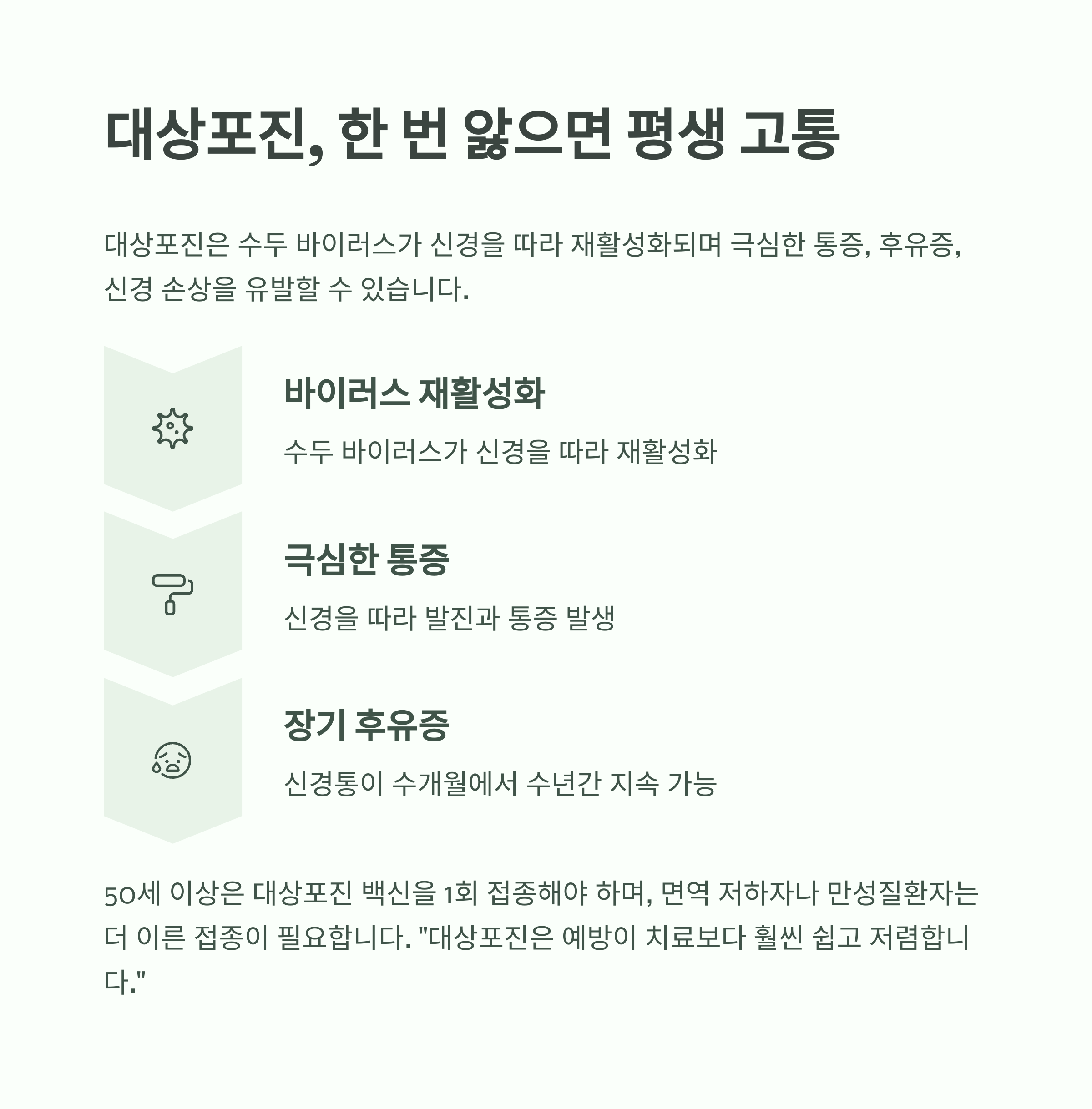 예방접종 한 번 놓쳐 목숨 잃은 사례... 꼭 챙겨야 할 접종 일정 - ‘언제 맞았는지 기억 안 나요’가 생명을 위협할 수 있습니다 - 5. 대상포진, 한 번 앓으면 평생 고통 예방접종 한 번 놓쳐 목숨 잃은 사례... 꼭 챙겨야 할 접종 일정 - ‘언제 맞았는지 기억 안 나요’가 생명을 위협할 수 있습니다 - 5. 대상포진, 한 번 앓으면 평생 고통