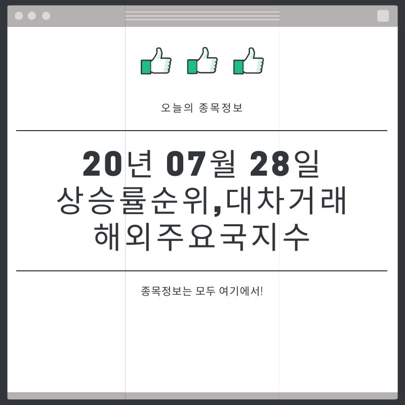  20년 07월 28일 주요국지수및 대차거래와 오늘의 상승순위